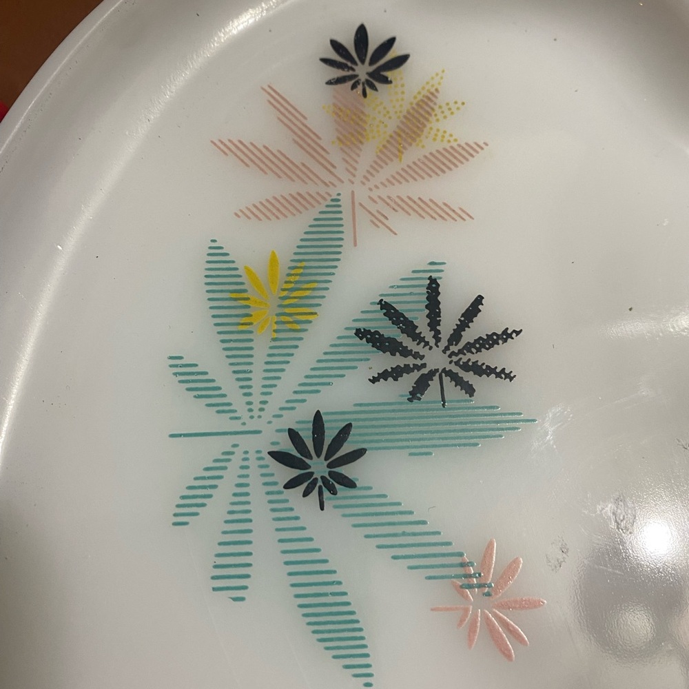 Federal Glass “atomic flower” milk glass snack tray